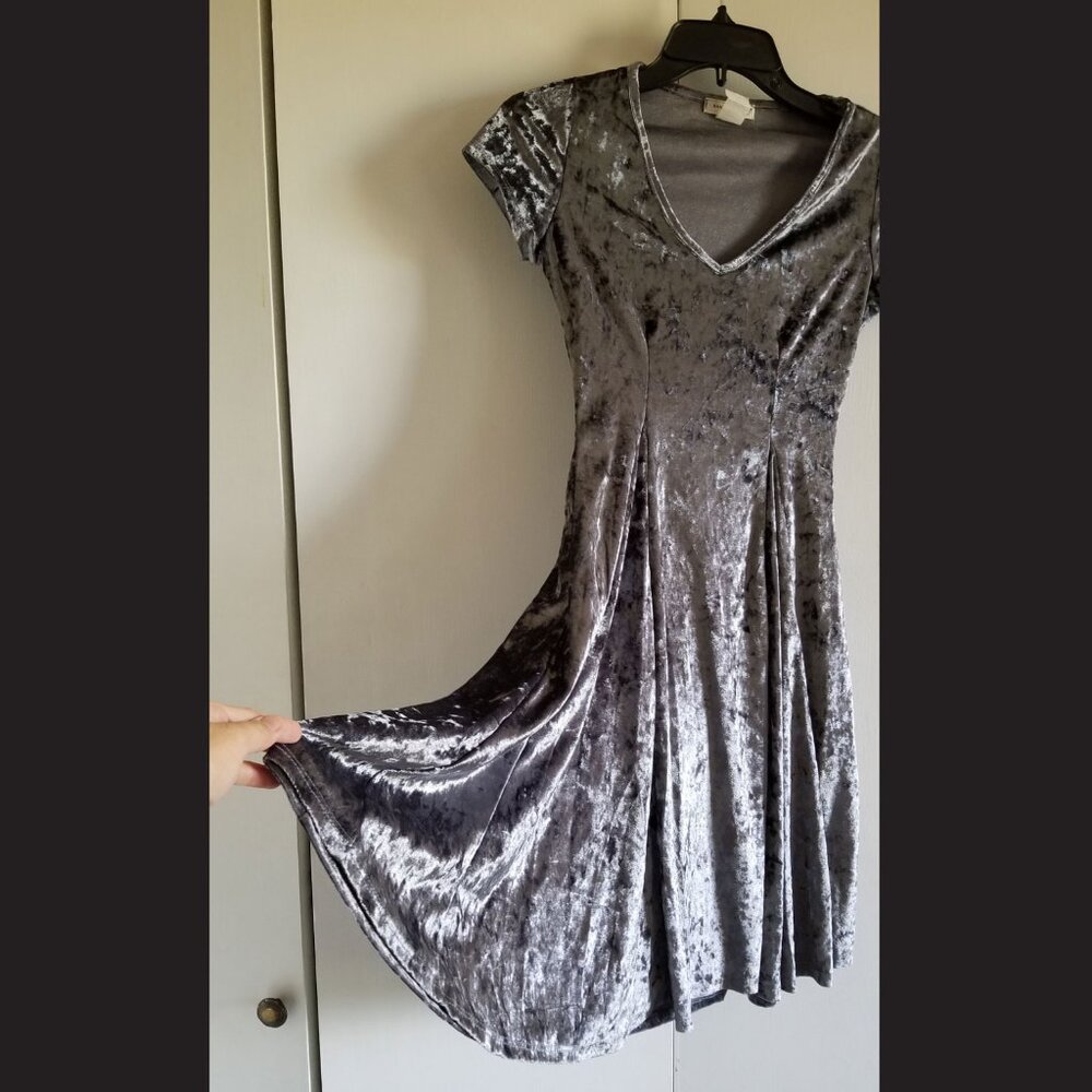 Silver Burnt Velvet V-neck Dress with Flared Skirt